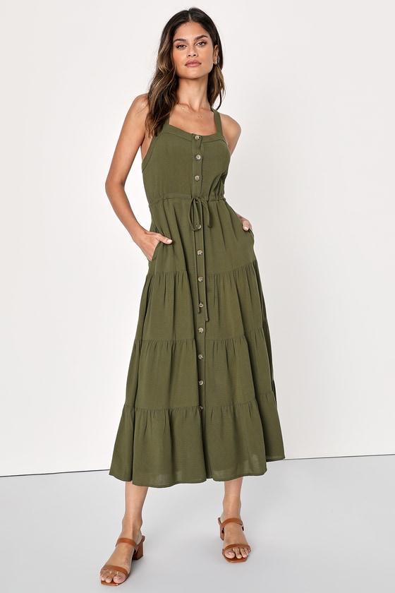 See the City Olive Green Button-Front Tiered Midi Dress Product Image