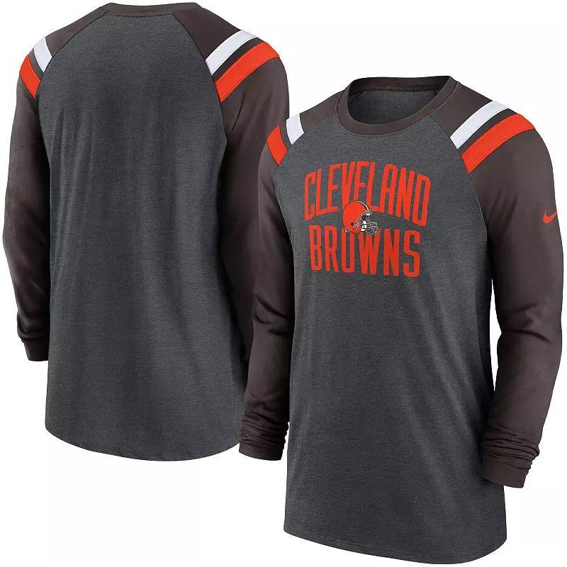 Men's Nike Heathered Charcoal/Brown Cleveland Browns Tri-Blend Raglan Athletic Long Sleeve Fashion T-Shirt, Size: XL Product Image