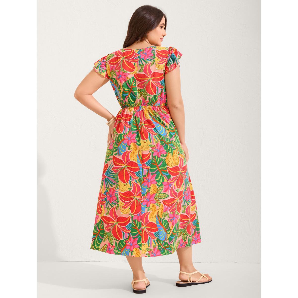 Plus Size Bright Floral Print Pockets Flutter Midi Dress Crepe Women Heart neckline Cap Sleeve Curvy BloomChic 12/L Product Image