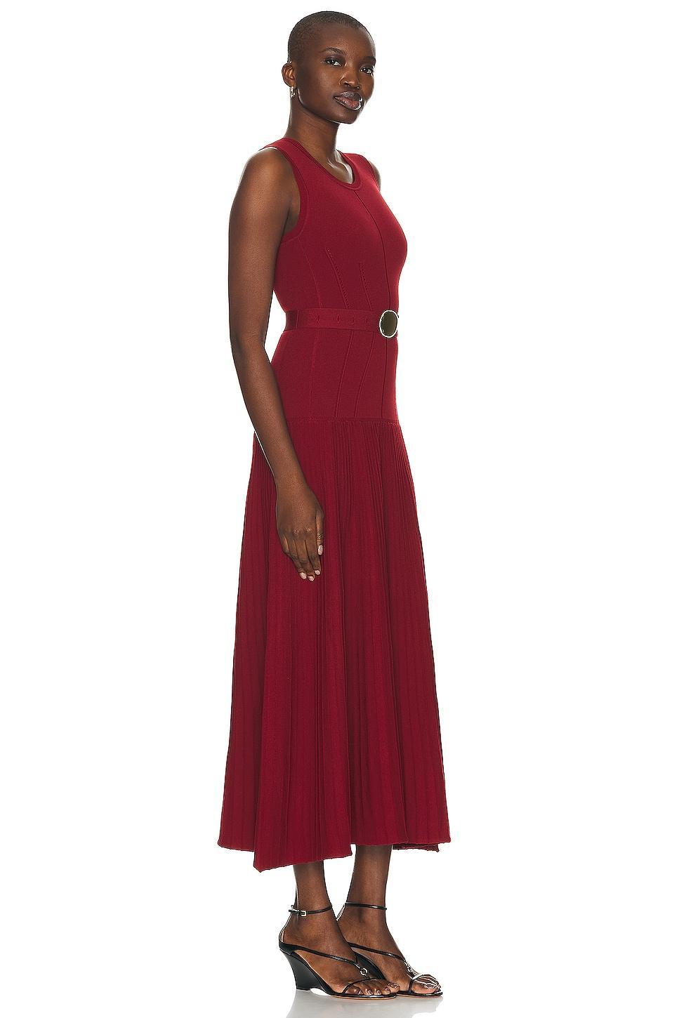 NICHOLAS Madison Pintuck Pleating Slider Belt Midi Dress Burgundy. (also in ). Product Image