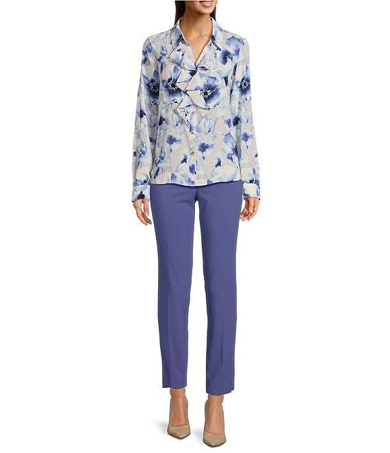 Calvin Klein Printed Georgette Point Collar Long SLeeve Ruffle Front Blouse Product Image