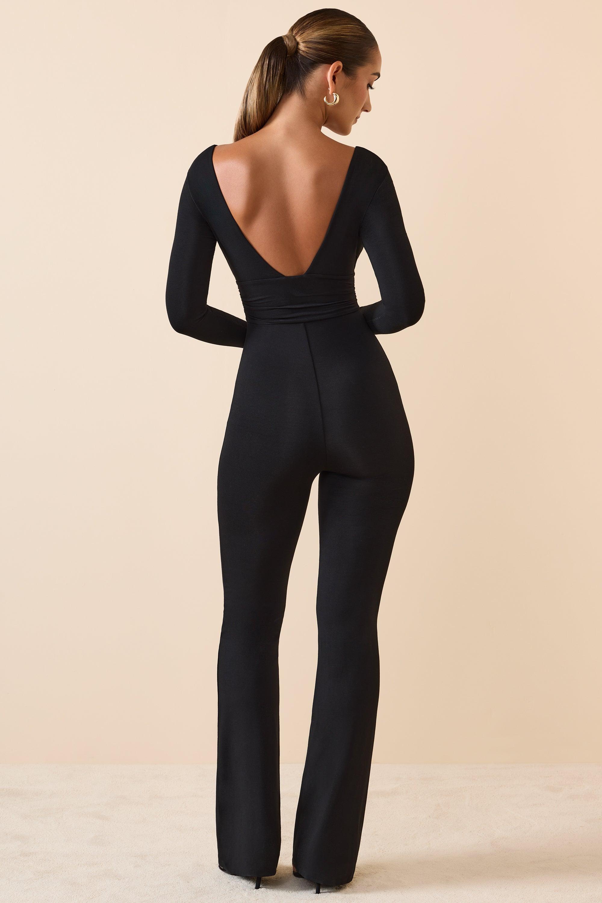 Modal Ruched Plunge Flared Jumpsuit in Black Product Image