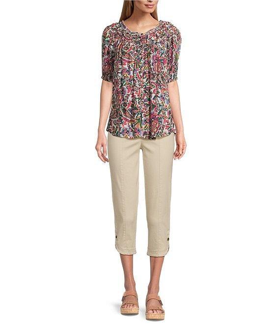 Intro Petite Size Crinkle Gauze Printed Scoop Neck Elbow Sleeve Button Front Peasant Top Product Image