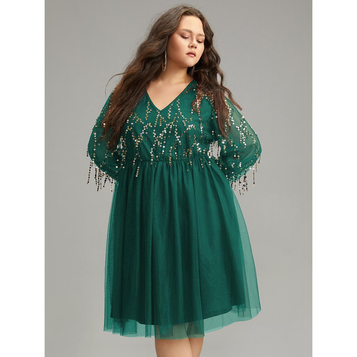 Plus Size Sequin Mesh Patchwork Tassel Dress Emerald Women Party&Cocktail Gathered Overlap Collar Long Sleeve Curvy Knee Dress BloomChic 14-16/1X Product Image
