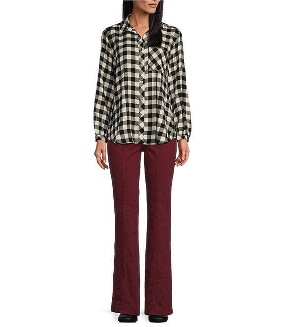 Westbound Buffalo Plaid Long Sleeve Y-Neck Button Front Collared Top Product Image