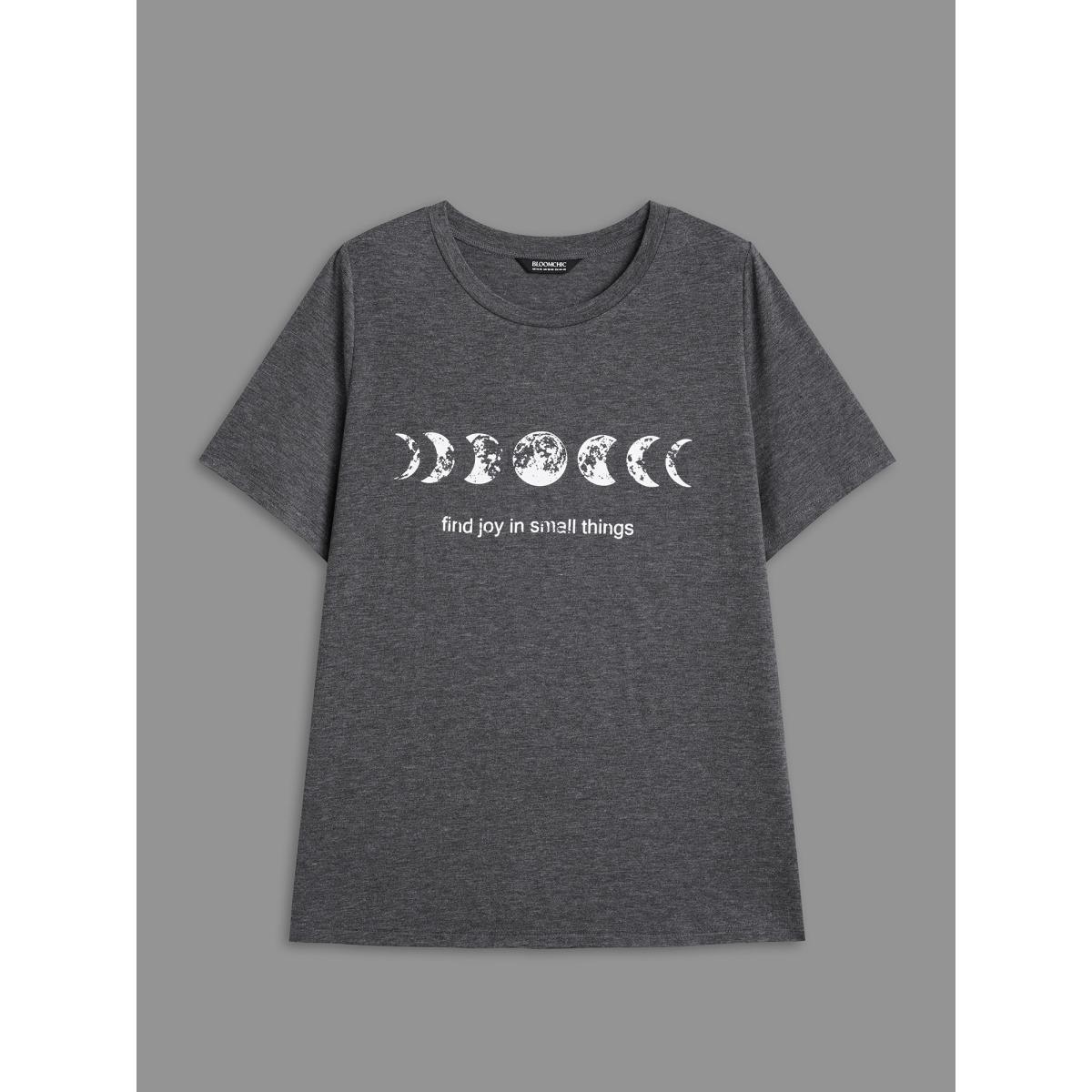 Plus Size Round Neck Lunar Pattern Slim-Fit T-Shirt DimGray Women Casual Non Star and moon Round Neck Everyday T-shirts BloomChic 26/4X Product Image