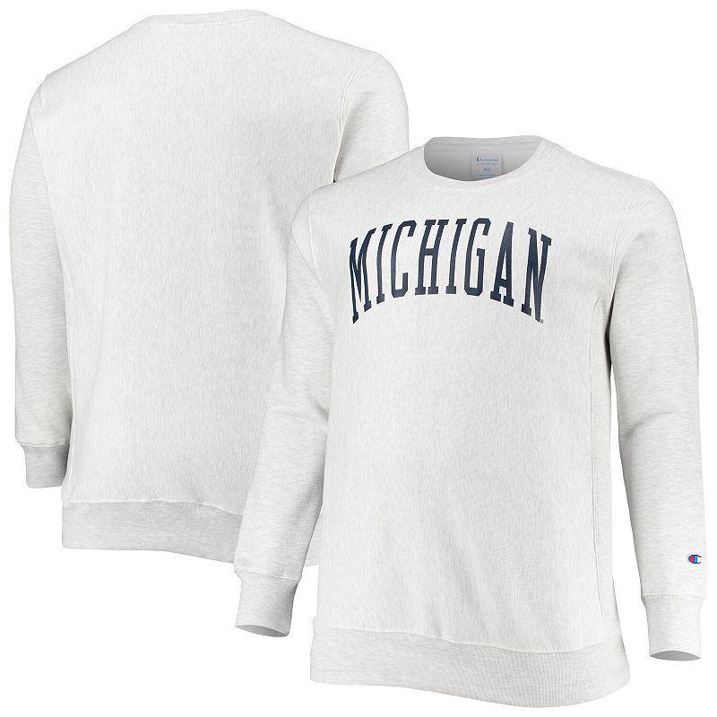 Men's Champion Ash Michigan Wolverines Big & Tall Reverse Weave Fleece Crewneck Pullover Sweatshirt, Size: XLT, Black Product Image