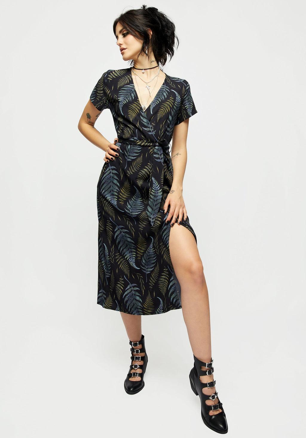 Frond Print Faux Wrap Midi Dress Product Image