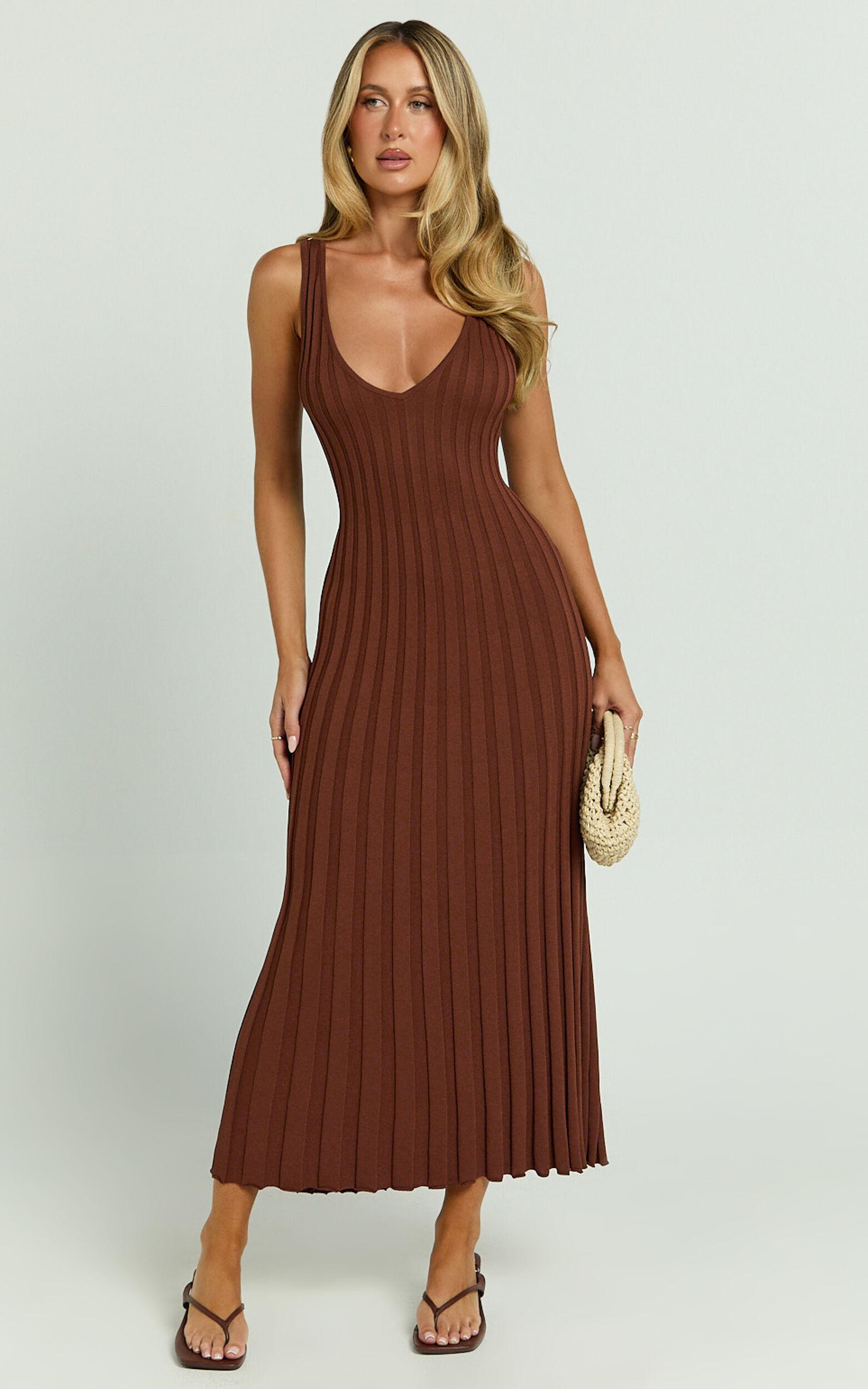 Maya Midi Knit Dress - Sleeveless V Neck Knited Dress in Dark Chocolate Product Image