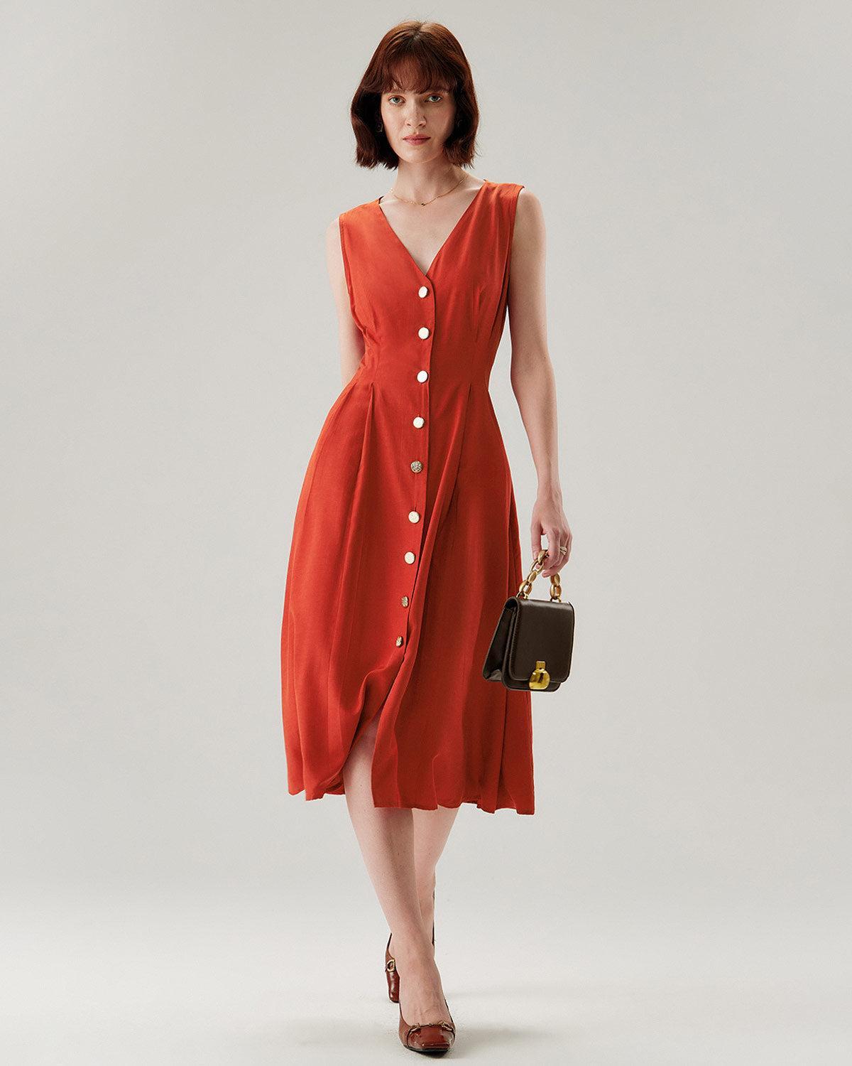Red V-neck Button Sleeveless Midi Dress Product Image