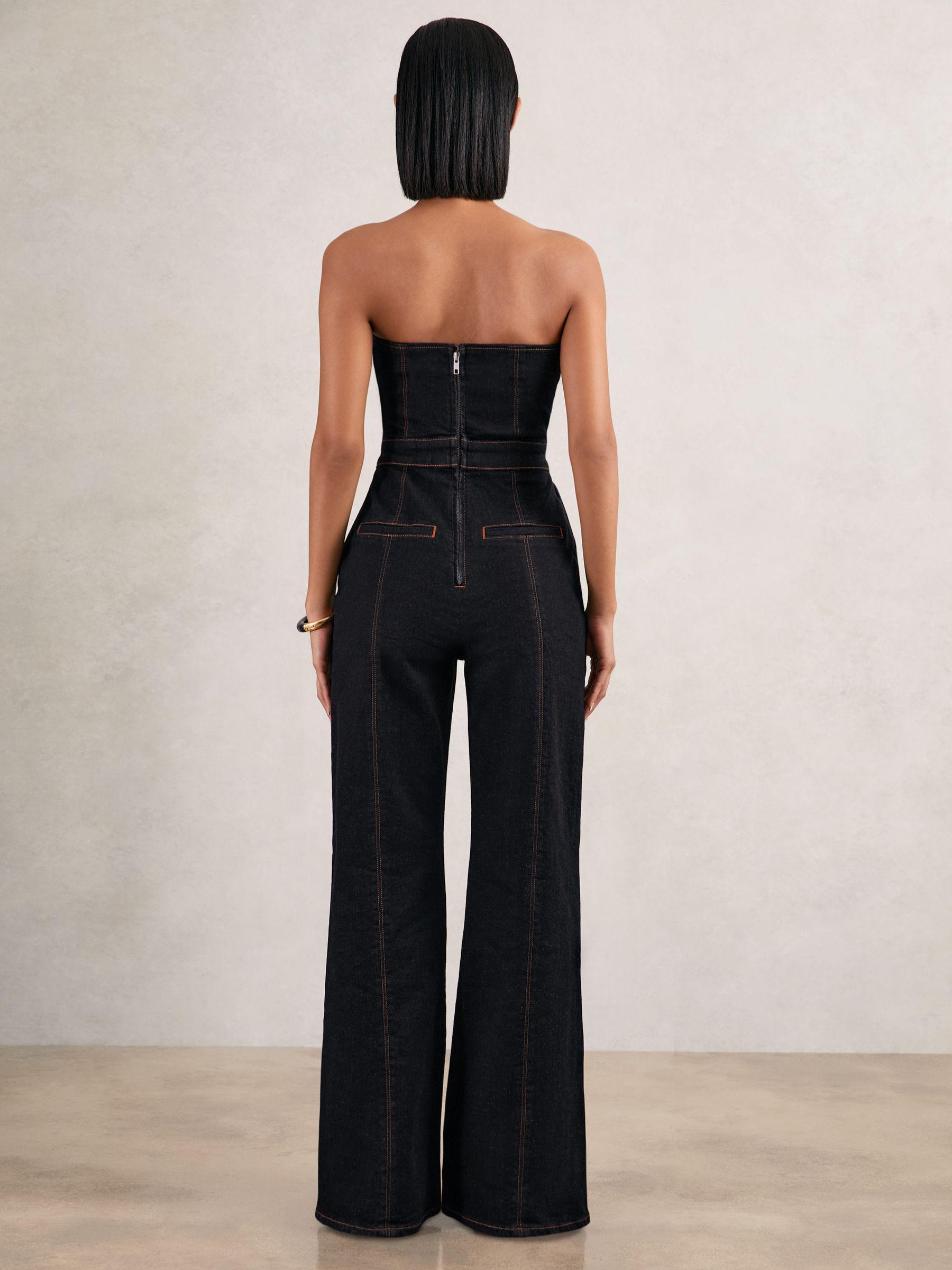 Strapless Wide Leg Denim Jumpsuit in Indigo Blue Product Image