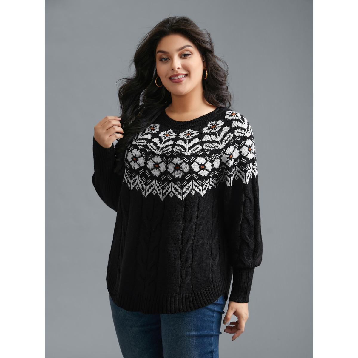 Plus Size Floral Cable Knit Curved Hem Pullover Black Women Casual Loose Long Sleeve Round Neck Everyday Pullovers BloomChic 14-16/1X Product Image