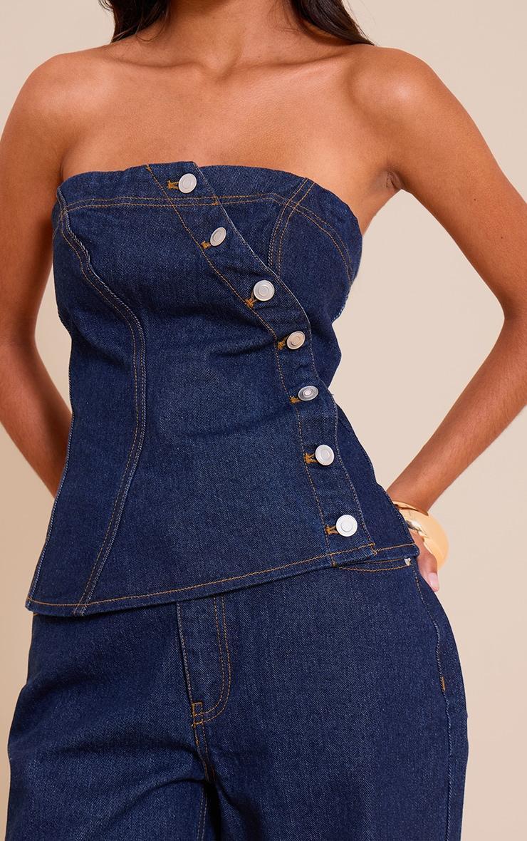 Petite Indigo Denim Asymmetric Button Bandeau Top Product Image