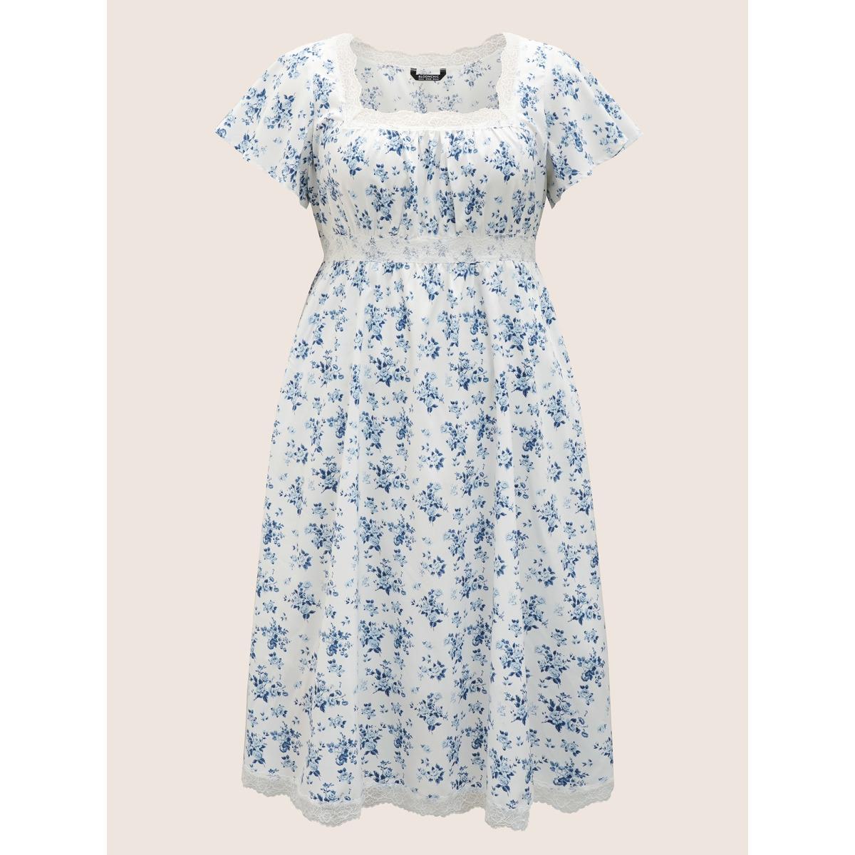 Plus Size Square Neck Lace Panel Pocket Dress LightBlue Women Elegant Woven ribbon&lace trim Square Neck Short sleeve Curvy BloomChic 22-24/3X Product Image