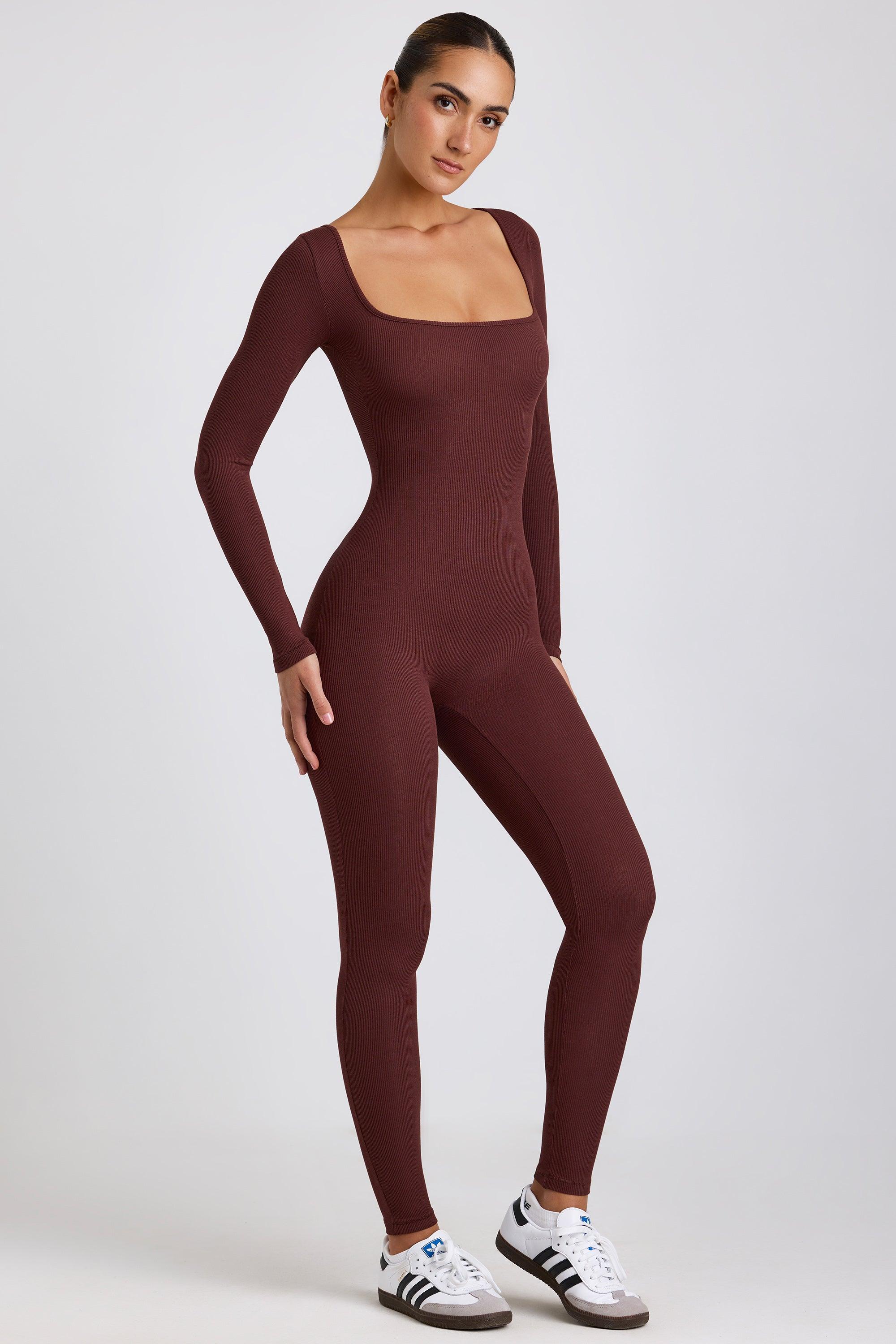 Petite Ribbed Modal Long Sleeve Jumpsuit in Espresso Product Image