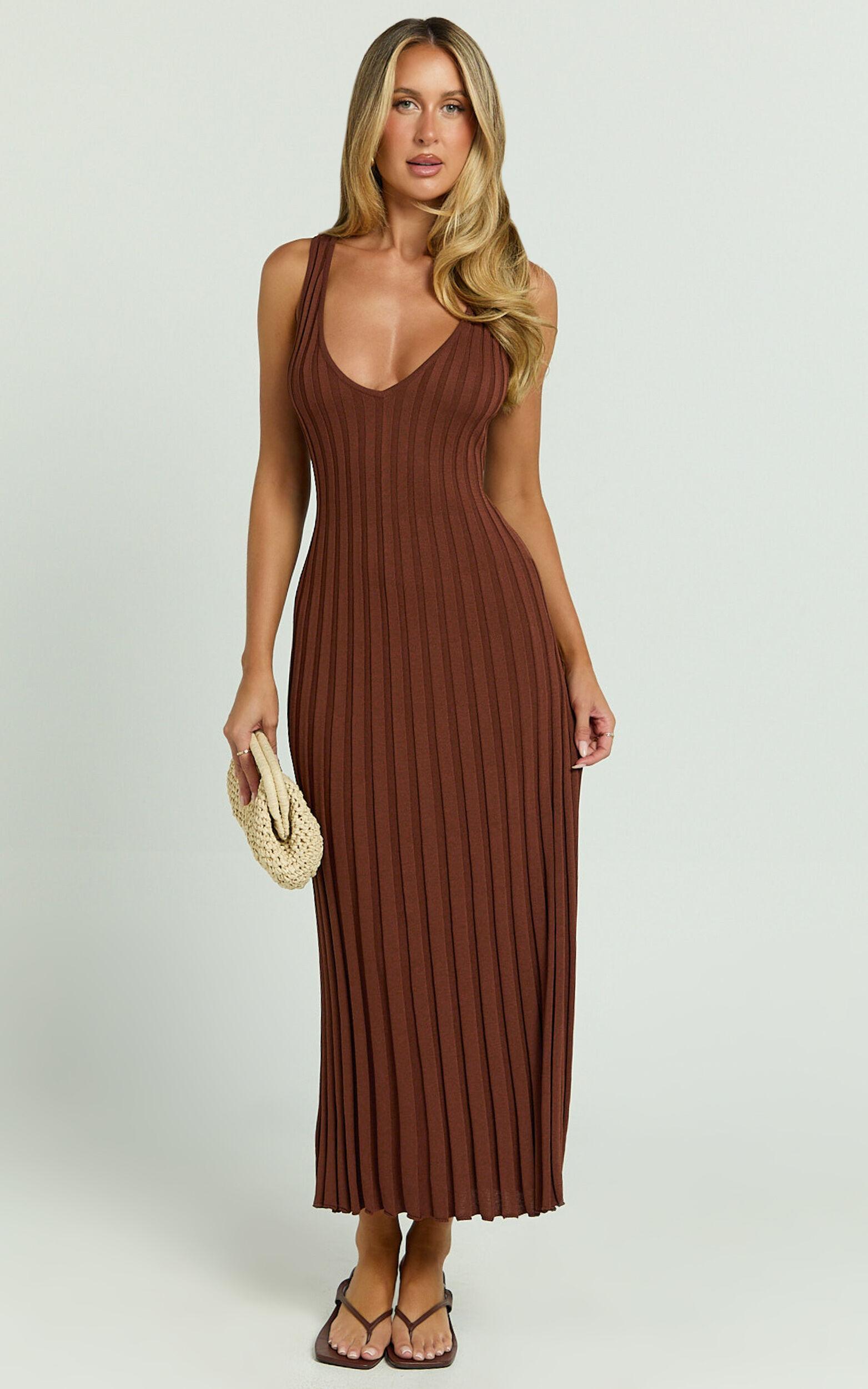 Maya Midi Knit Dress - Sleeveless V Neck Knited Dress in Dark Chocolate Product Image