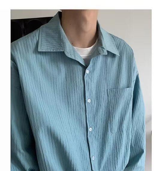 Long-Sleeve Plain Button-Up Shirt Product Image