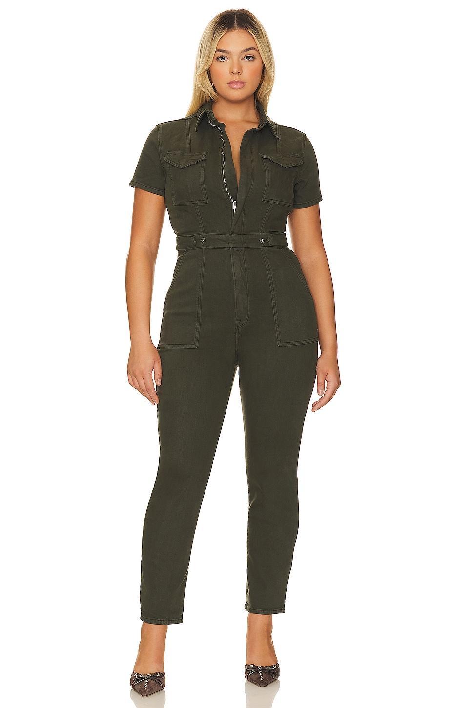 Good American Plus Size Fit For Success Short Sleeve Point Collar Straight Leg Stretch Denim Jumpsuit Product Image