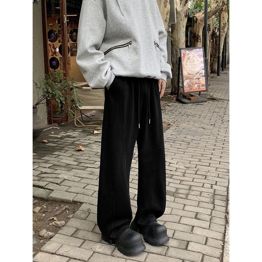 Drawstring Waist Plain Panel Straight Leg Sweatpants Product Image