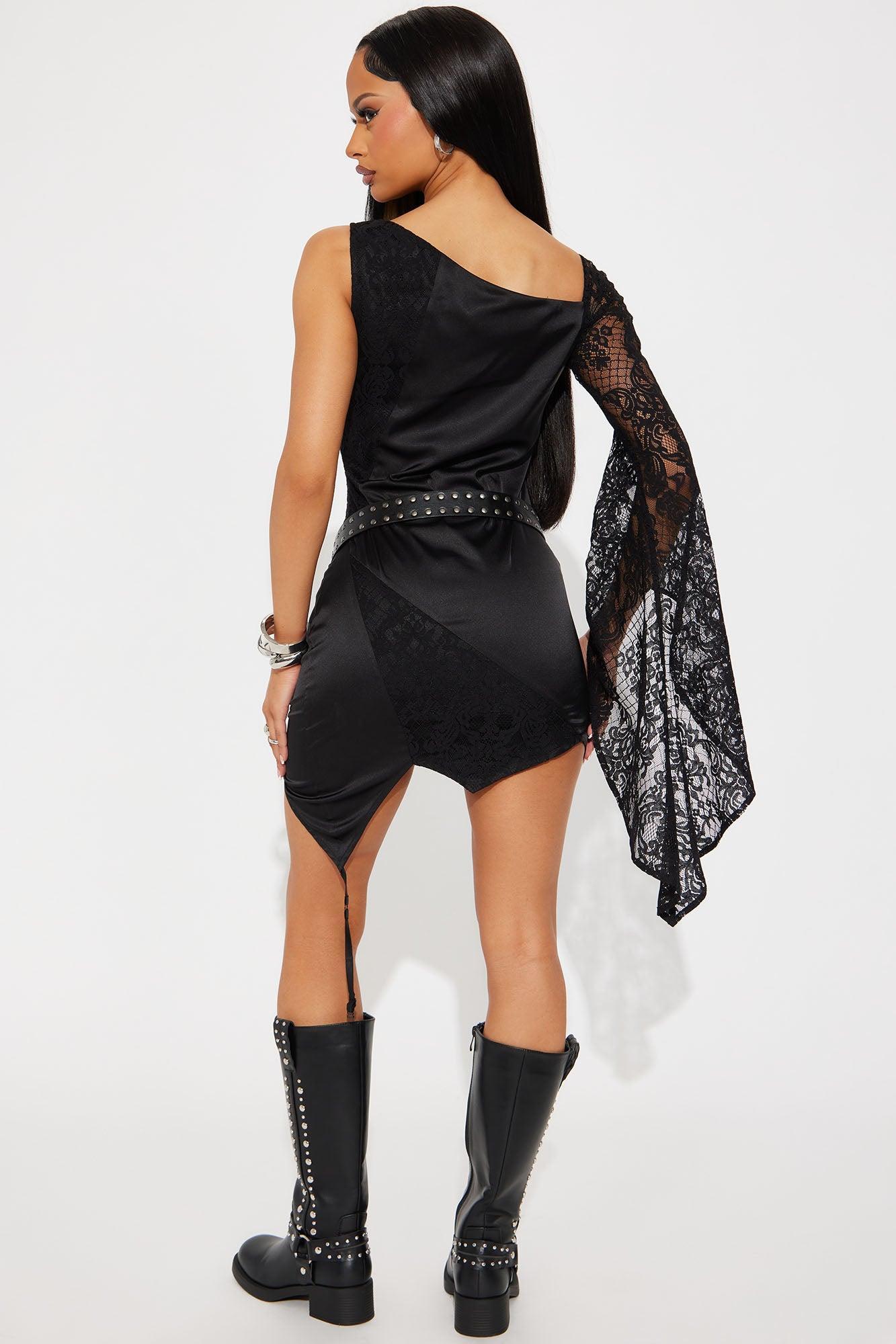 Meet In VIP Asymmetrical Satin Mini Dress - Black Product Image