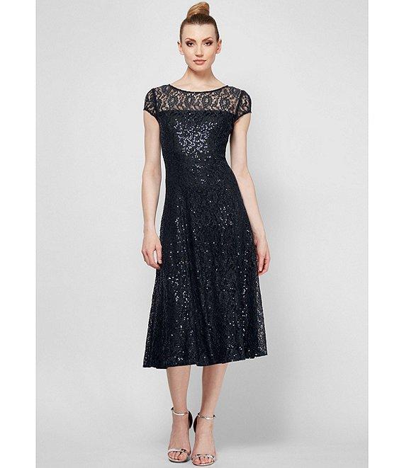 Ignite Evenings Petite Size Cap Sleeve Scoop Neck Sequin Lace A-Line Midi Dress Product Image