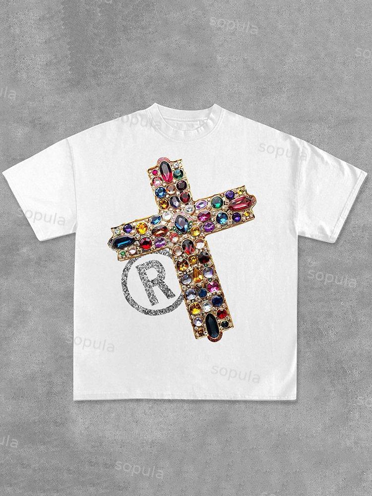 Vintage Diamond Cross Graphic Print Casual Cotton T-Shirt Product Image