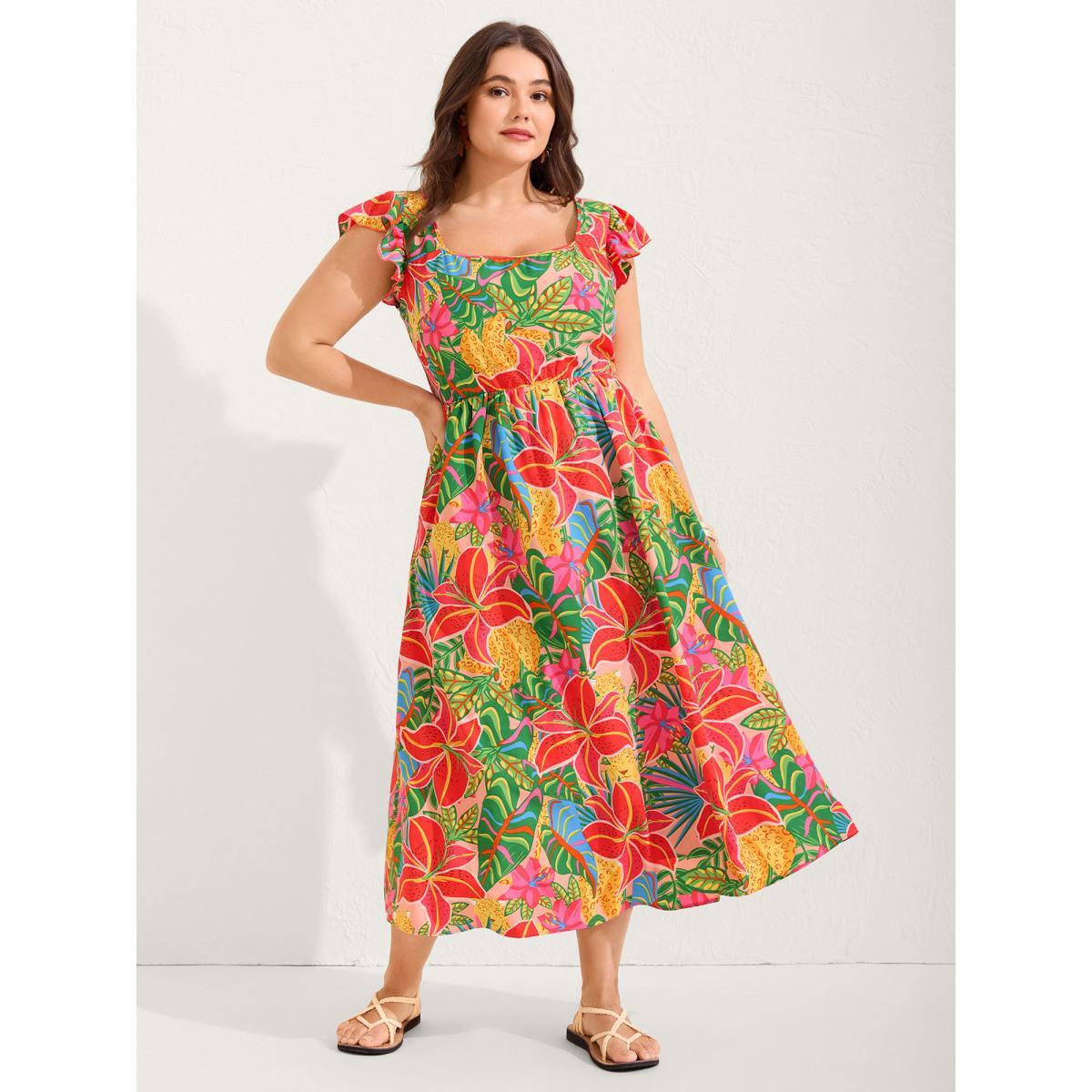 Plus Size Bright Floral Print Pockets Flutter Midi Dress Crepe Women Heart neckline Cap Sleeve Curvy BloomChic 12/L Product Image