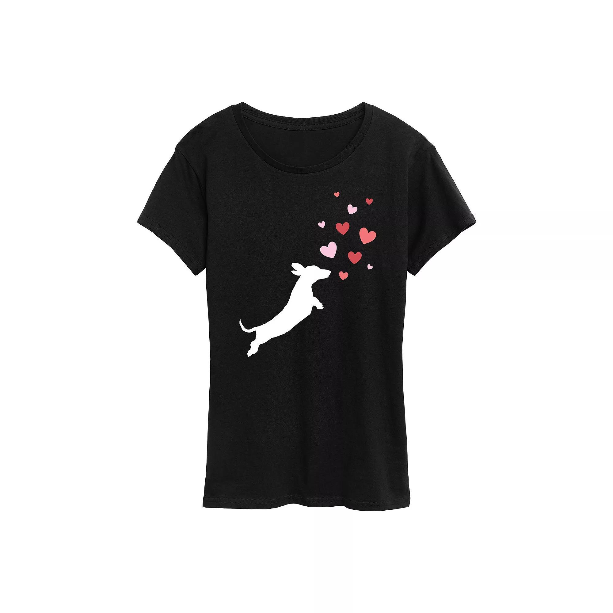 Women's Dachshund Chasing Hearts Graphic Tee,  Product Image