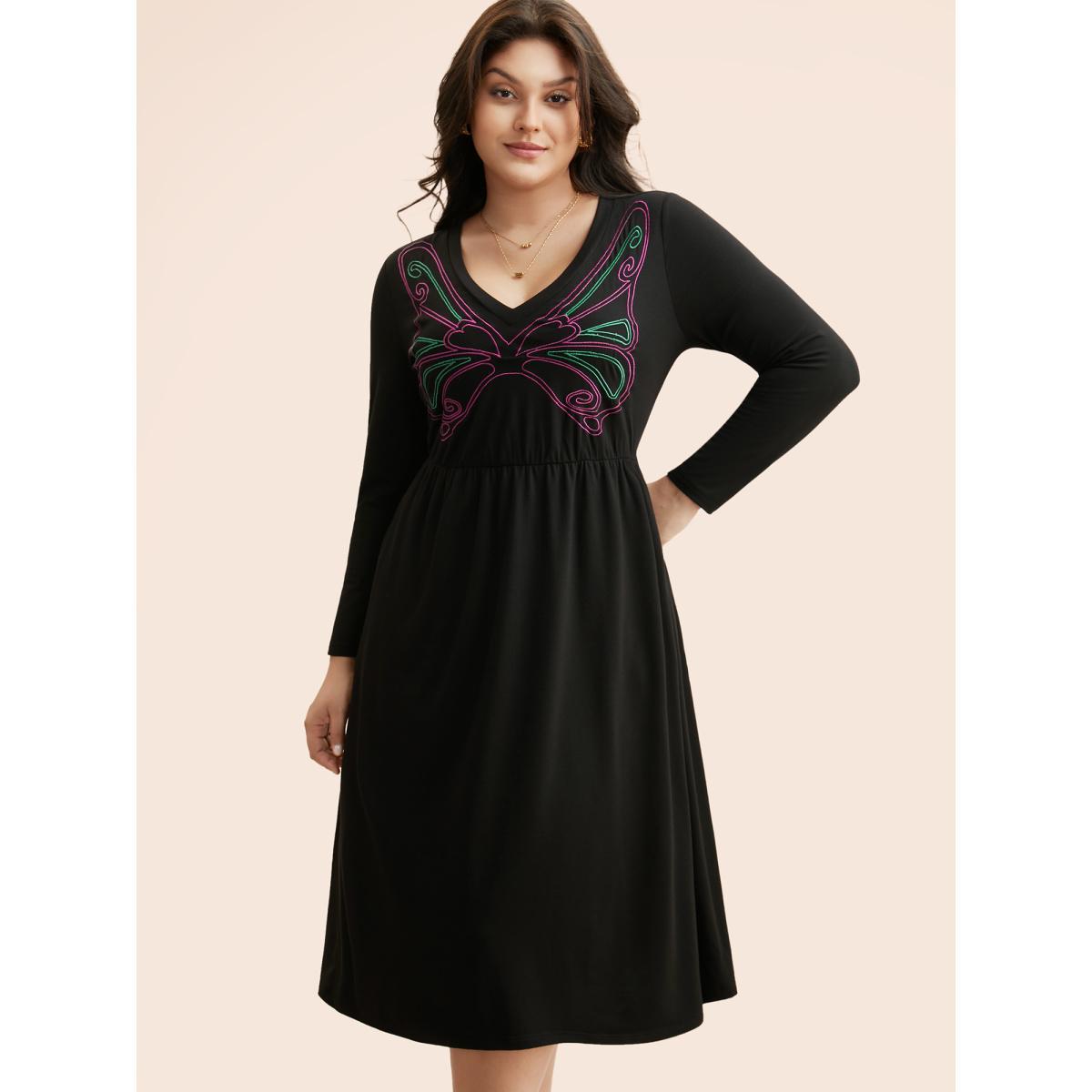 Plus Size Butterfly Embroidered V Neck Midi Dress Black Women Elegant Embroidered V-neck Long Sleeve Curvy BloomChic 28/5X Product Image