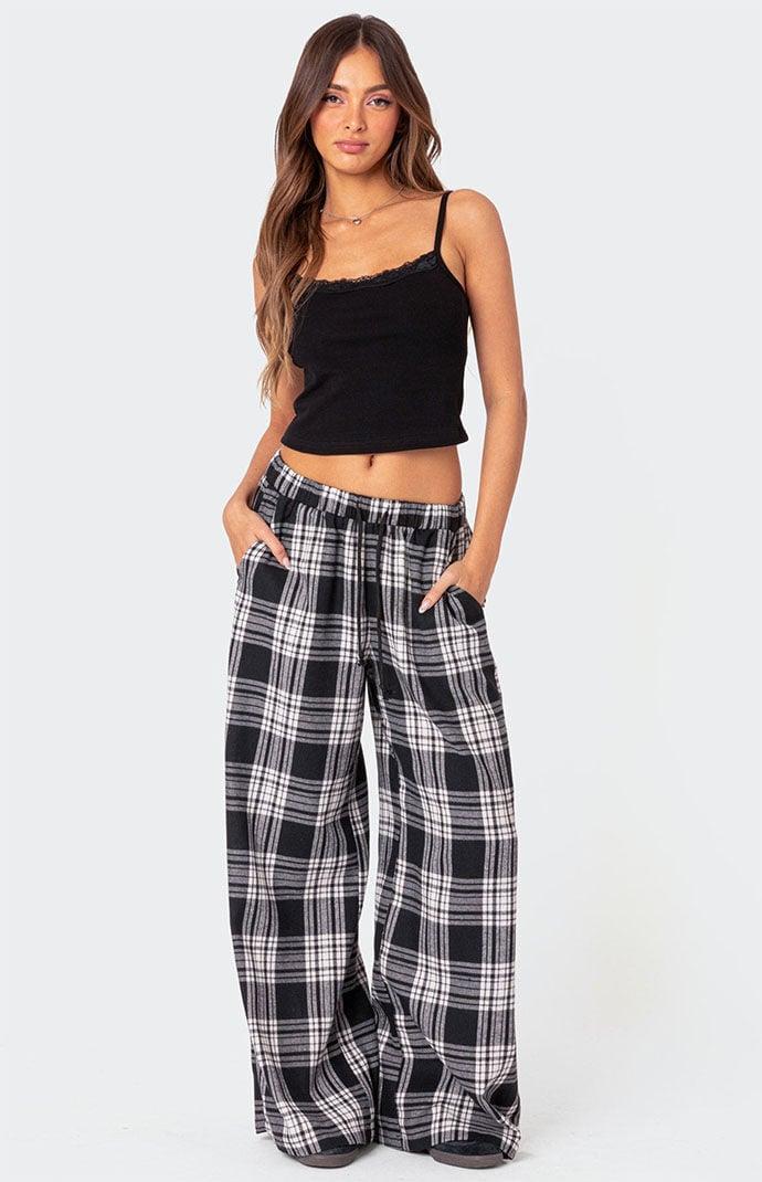 Edikted Women's Lounge Around Plaid Wide Leg Pants in White/Black - Product Image