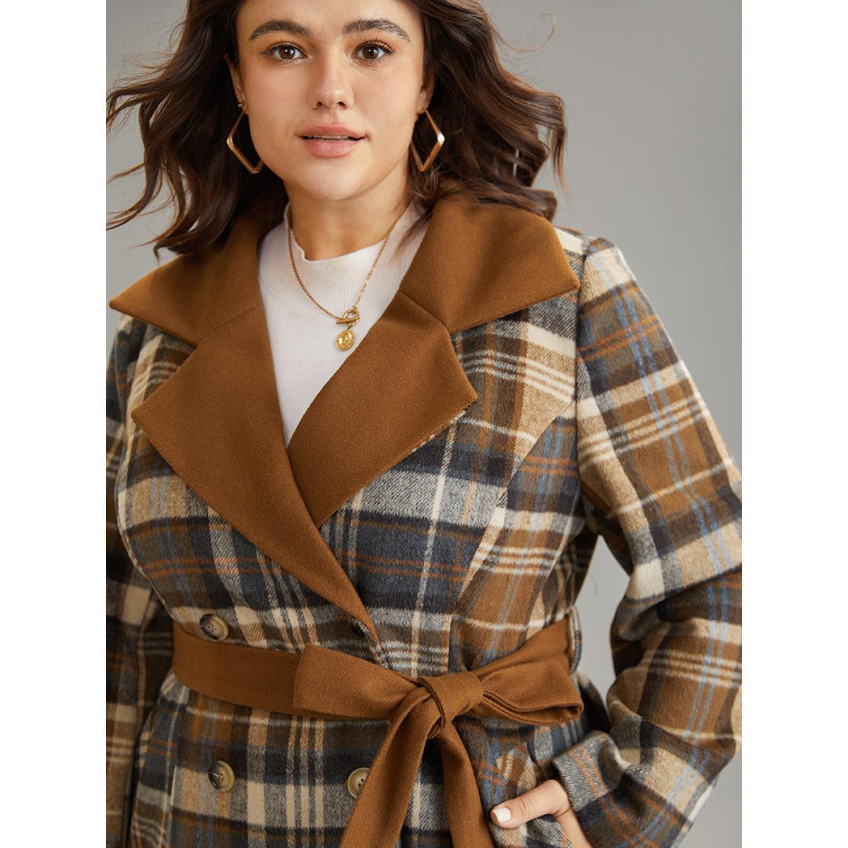 Plus Size Plaid Belted Contrast Lapel Collar Trench Coat Women Bronze Elegant Lined Ladies Dailywear Winter Coats BloomChic 14-16/1X Product Image