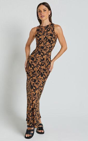 Francis Midi Dress - High Neck Slip Dress in Brown Floral Product Image