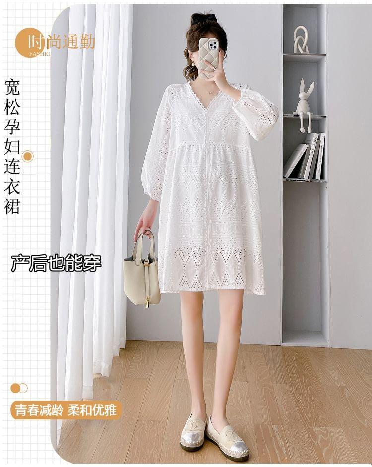 Maternity Puff-Sleeve V-Neck Plain Mini Dress Product Image