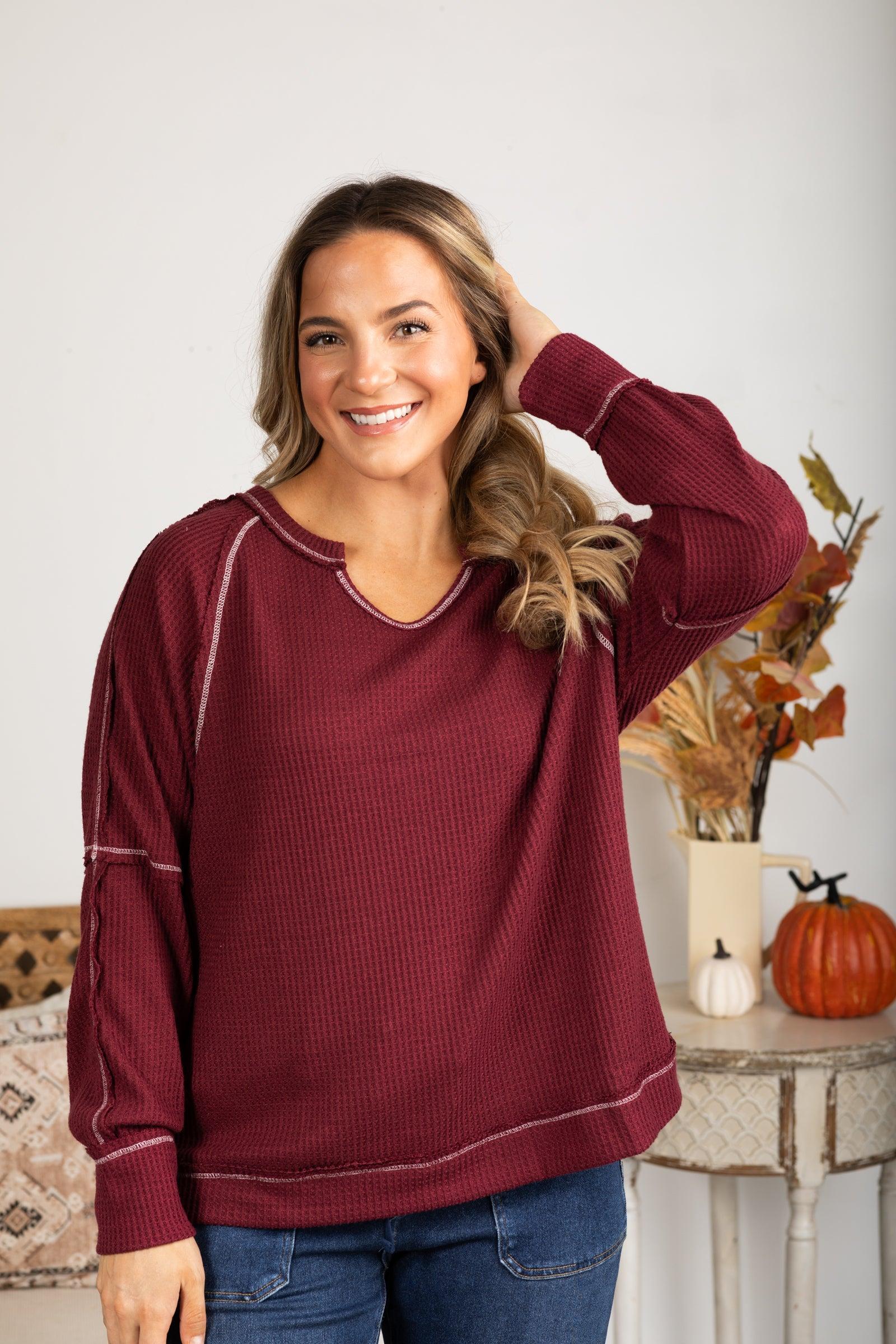 Notched Neck With Exposed Seams Knit Top Product Image