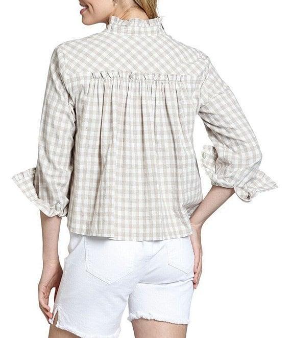 APNY Spread Collar Long Sleeve Woven Checked Cropped Shirt Product Image