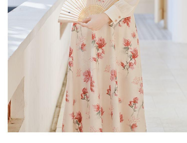 Mock Two-Piece Long-Sleeve Floral Print Midi A-Line Dress Product Image