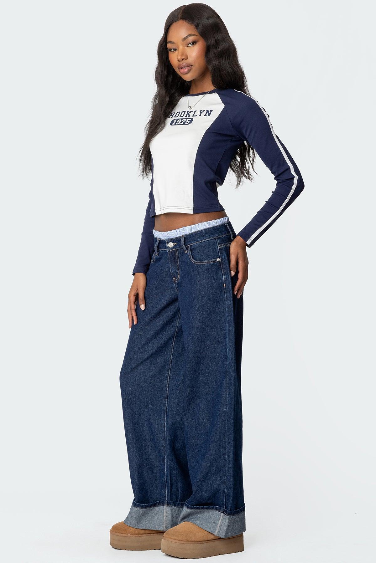 Striped Boxer Detail Low Rise Baggy Jeans Product Image