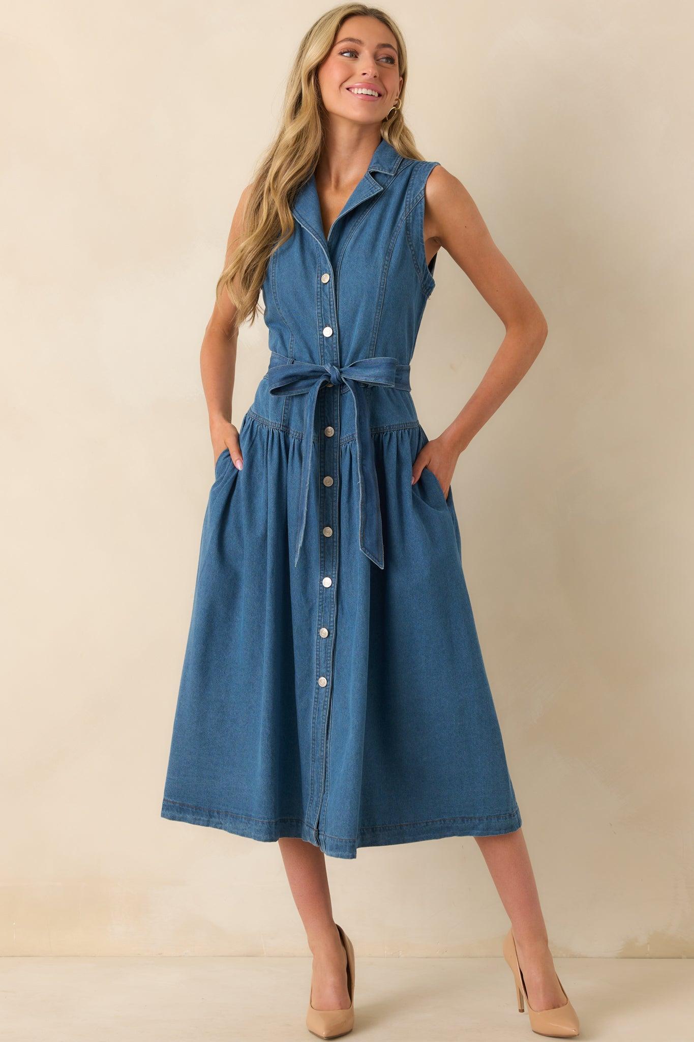 Riverside Sips Blue Denim Button Front Maxi Dress Product Image