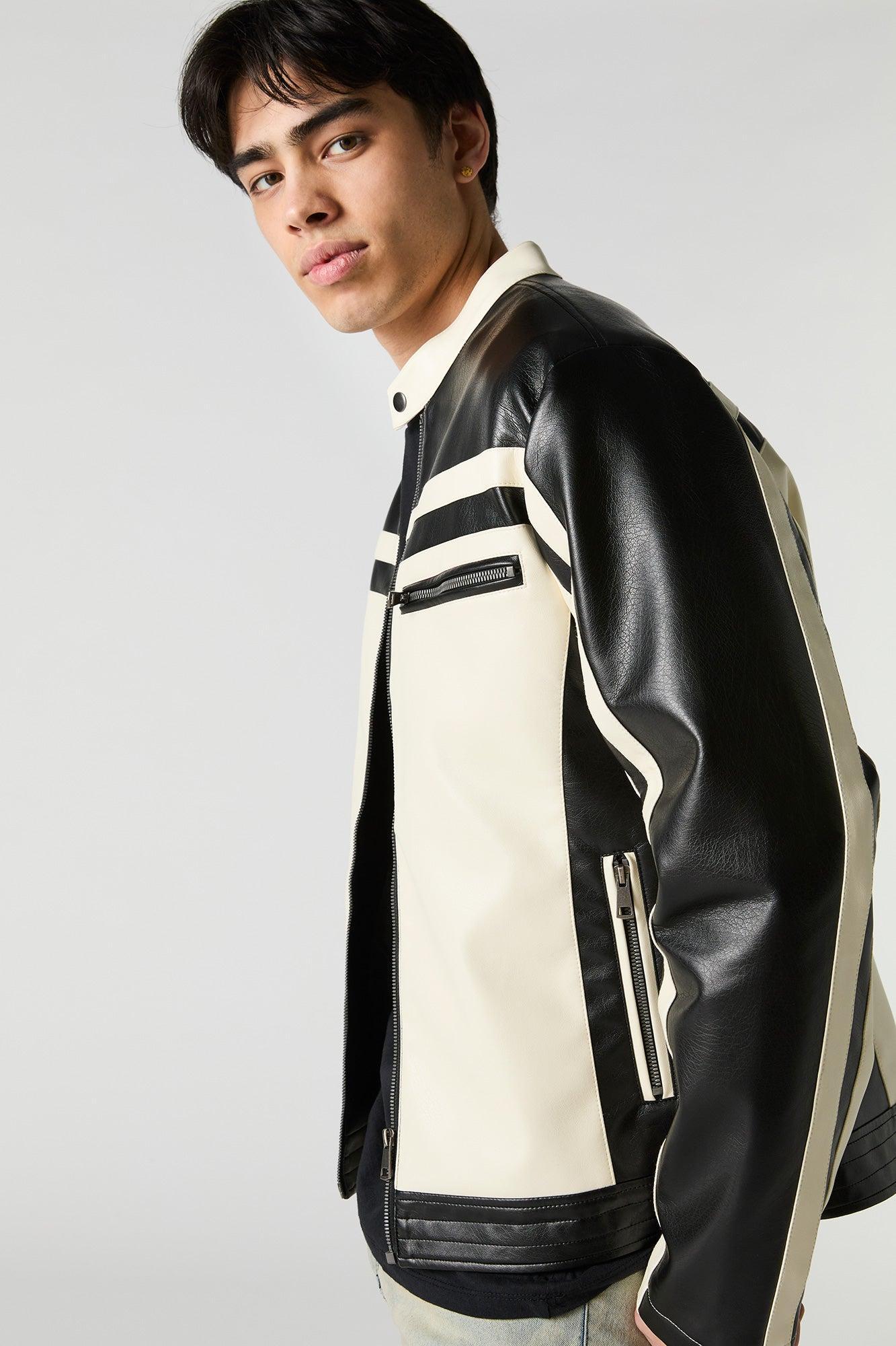 Faux Leather Colourblock Moto Jacket Male Product Image