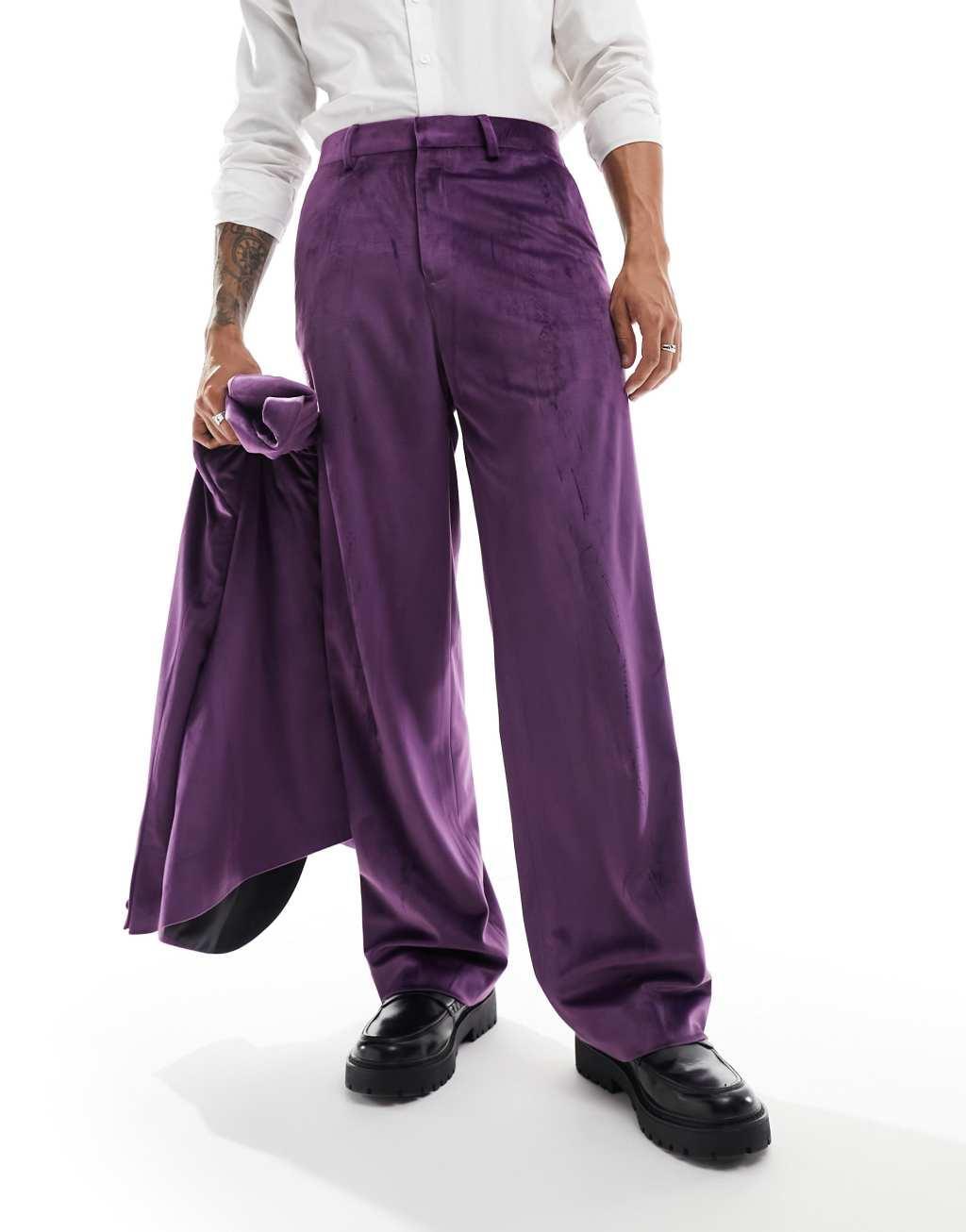 ASOS DESIGN wide leg velvet tuxedo suit pants in purple Product Image