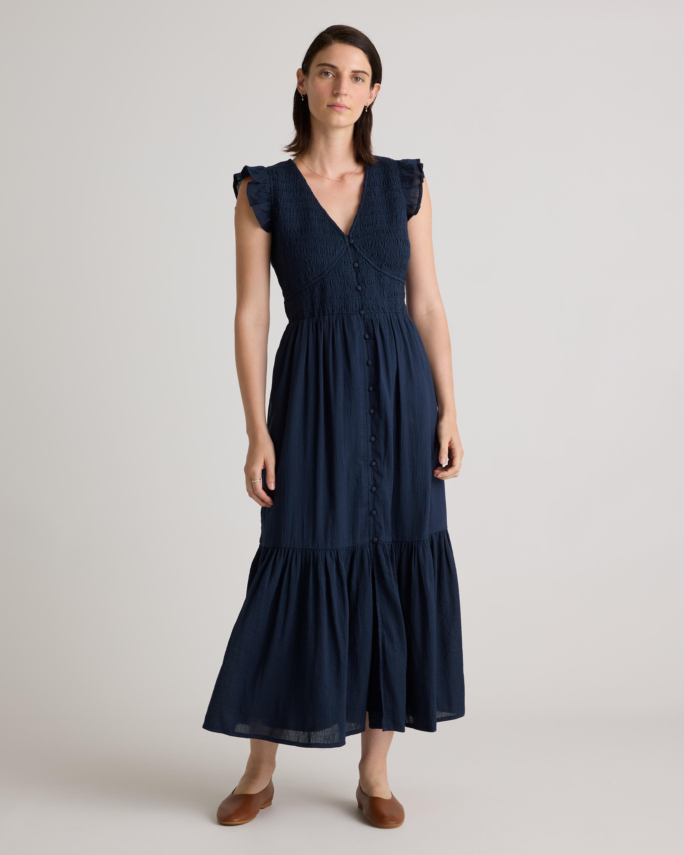 Organic Textured Cotton Smocked V-neck Midi Dress Product Image