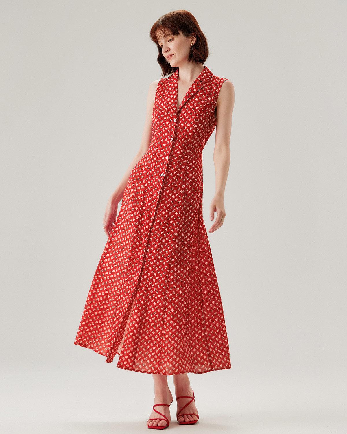 Red Floral Button Sleeveless Maxi Dress Product Image