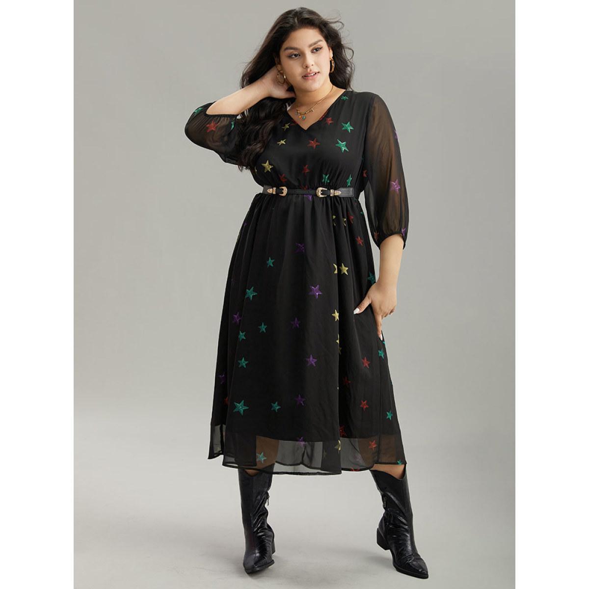 Plus Size Star Mesh Patchwork Elastic Waist Dress Black Women Casual Elastic cuffs V-neck Elbow-length sleeve Curvy Midi Dress BloomChic 28/5X Product Image