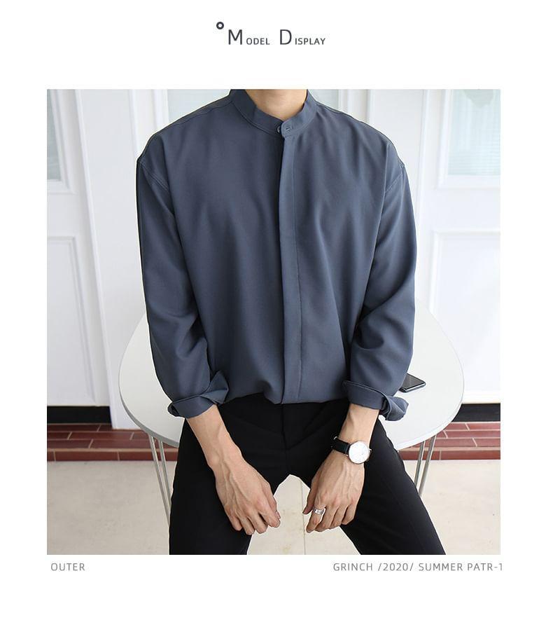 Long Sleeve Band Collar Plain Button Shirt Product Image