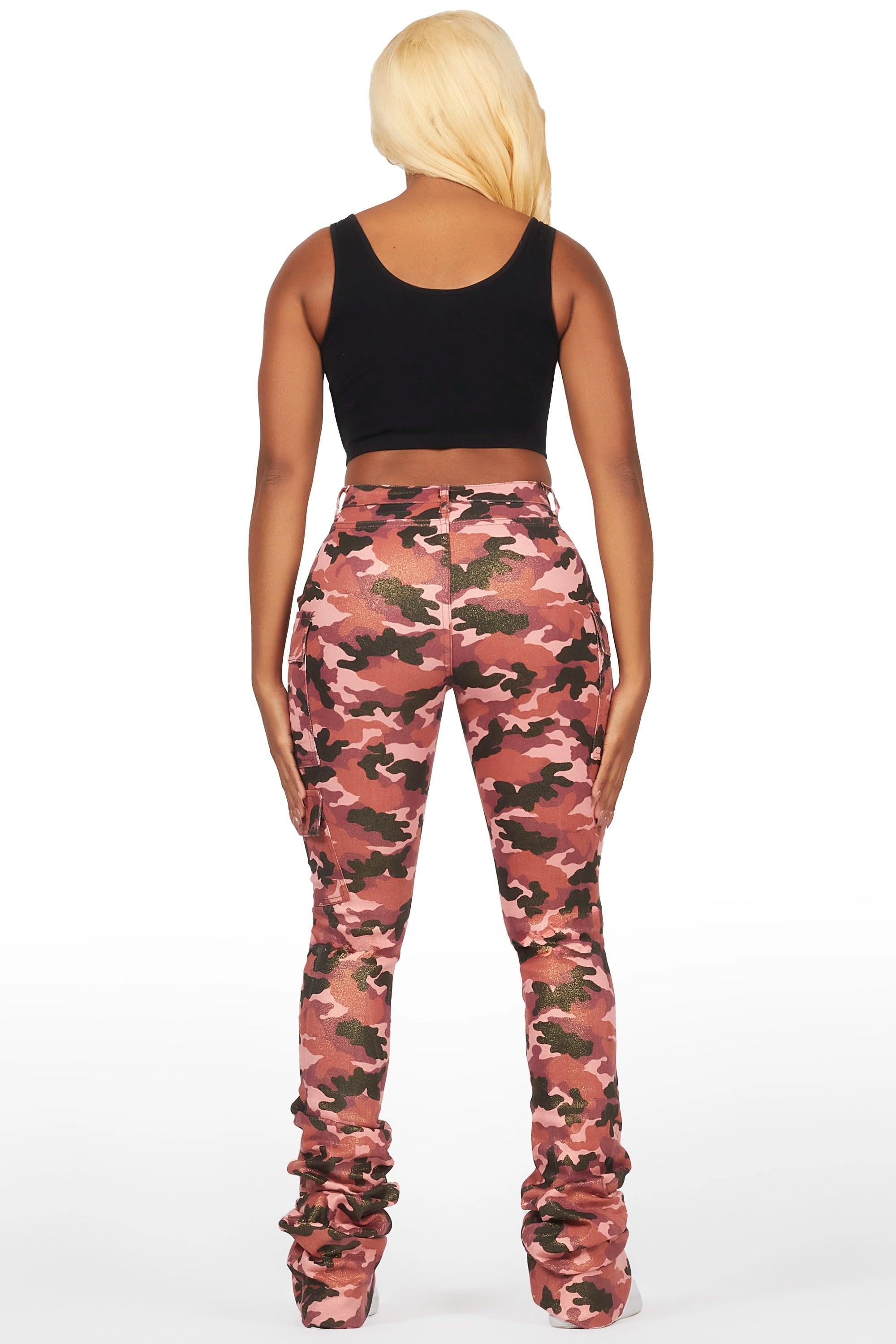 Alaysha Burgundy Camo Cargo Super Stacked PU Pant Female Product Image