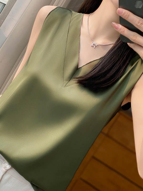 Loose Sleeveless Solid Color V-Neck Vest Top Product Image