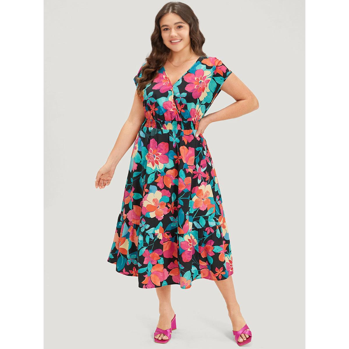 Plus Size Floral Shirred Overlap Collar Batwing Sleeve Dress Black Women Elegant Wrap V-neck Cap Sleeve Curvy Midi Dress BloomChic 14-16/1X Product Image