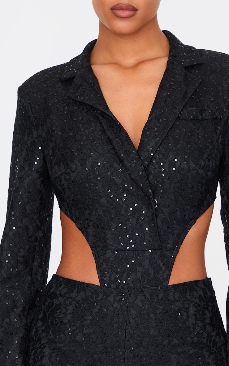 Tall Black Sequin Lace Bodysuit Blazer Jacket Product Image