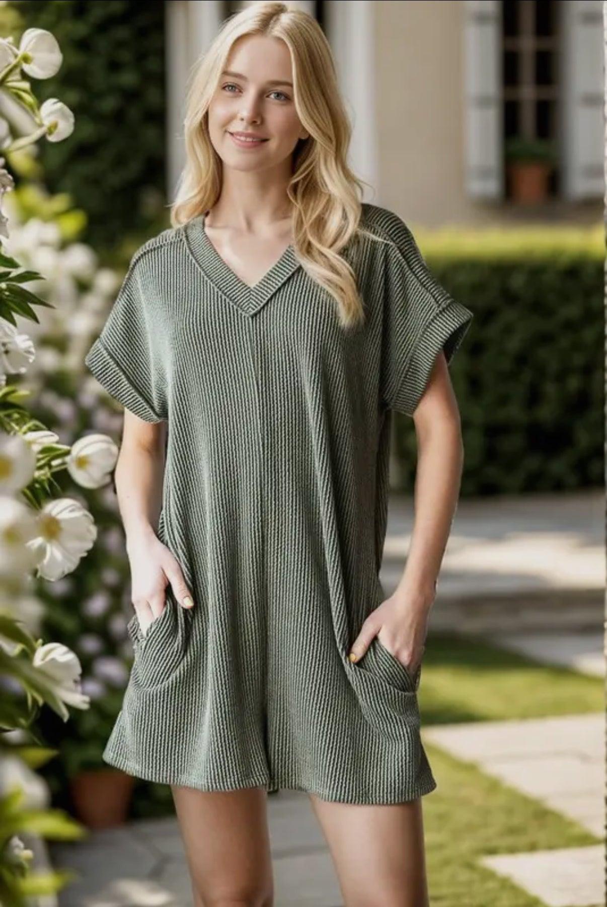 Ribbed Romper- Denim Product Image