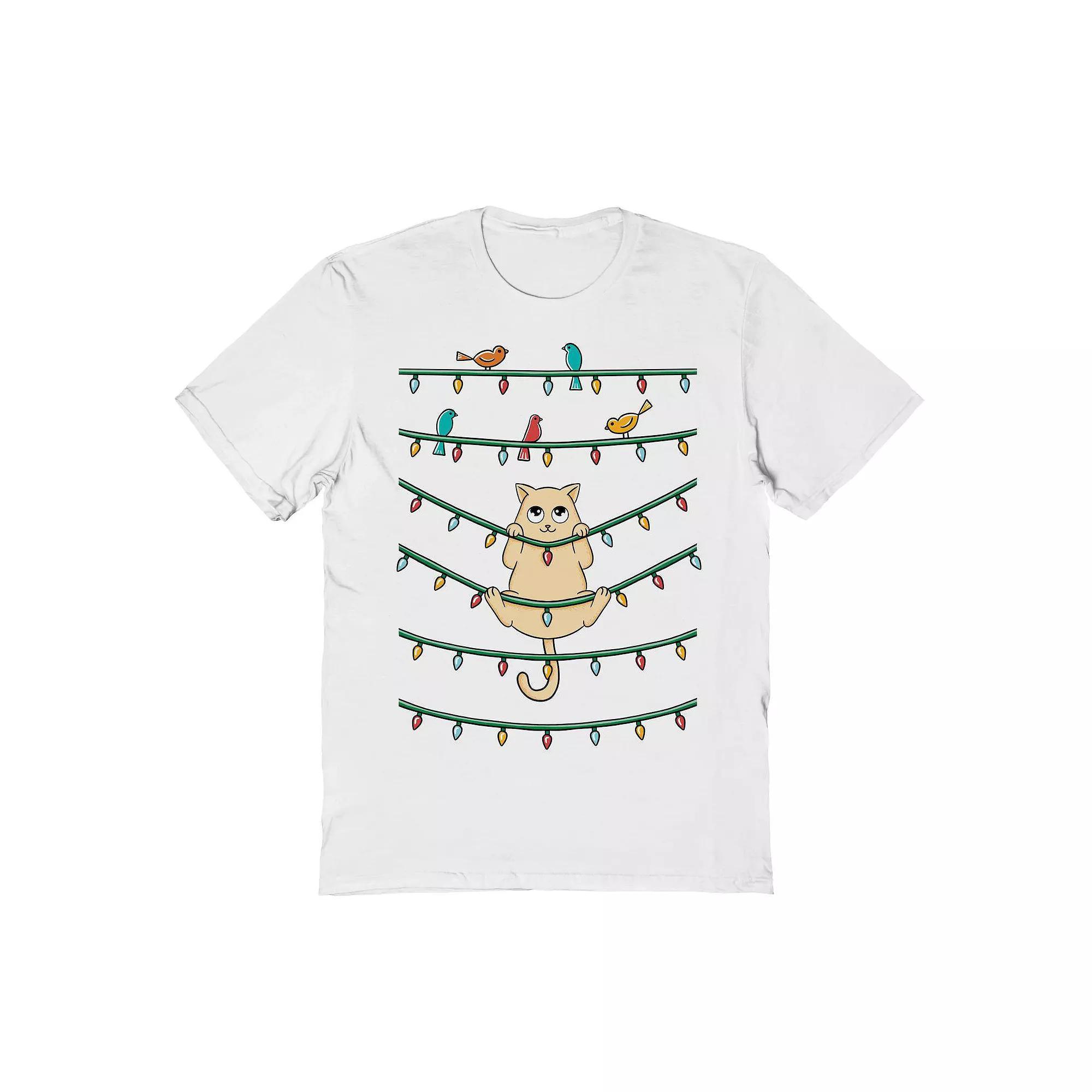 Men's Cat and Birds Christmas Graphic Tee, Size: Large, White Product Image